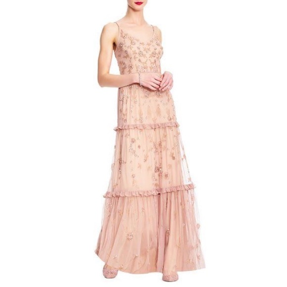 Adrianna Papell Dresses & Skirts - Adrianna Papell Dress Rose Gold Beaded Ruffle Tiered Spaghetti Strap Gown 4